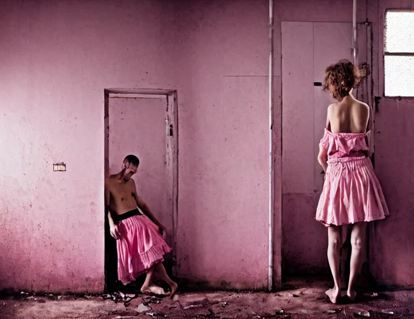 Prompt: photo a man in a short pink skirt, in jail, dirty room, lattice in the foreground by jean giraud, monia merlo