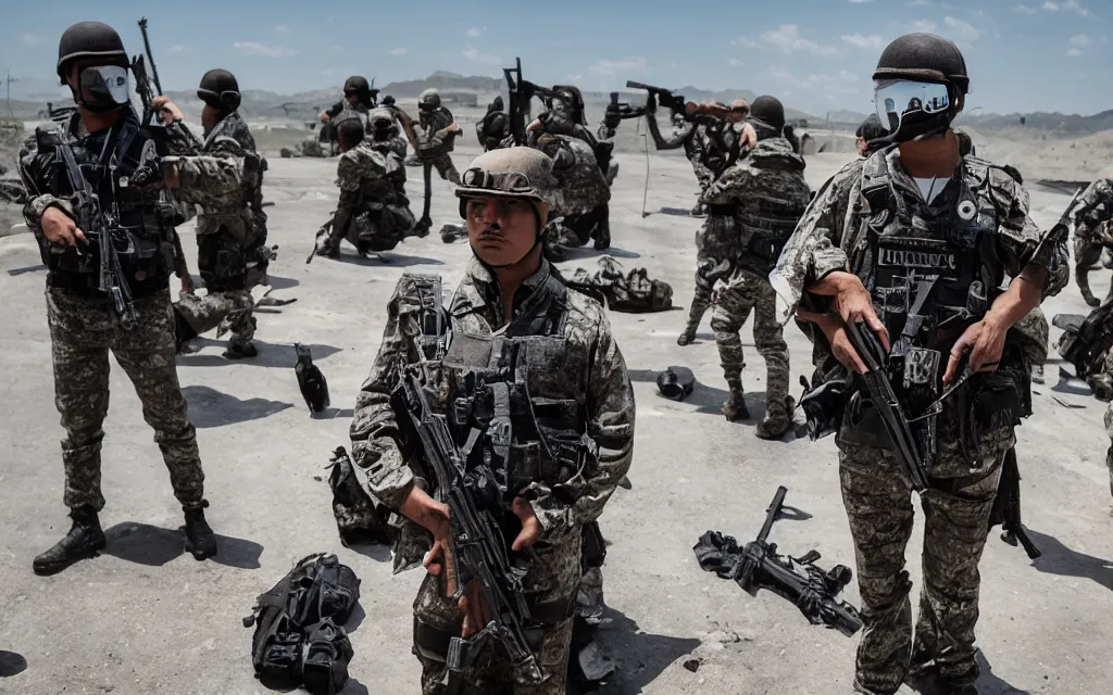 Image similar to heavily armed battalion of thirty drug cartel members, shoulder - to - shoulder, with fully decked - out equipment, long shot photography, harsh overhead sunlight, midday, summer, high - key lighting