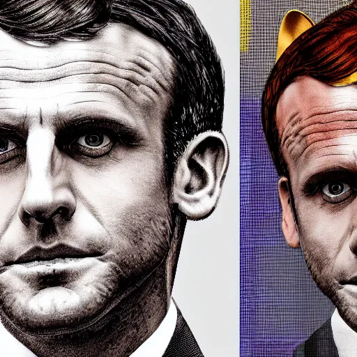 Prompt: mosaic portrait of Emmanuel macron with robot ears, 4k, intricate details, digital, moon in the background