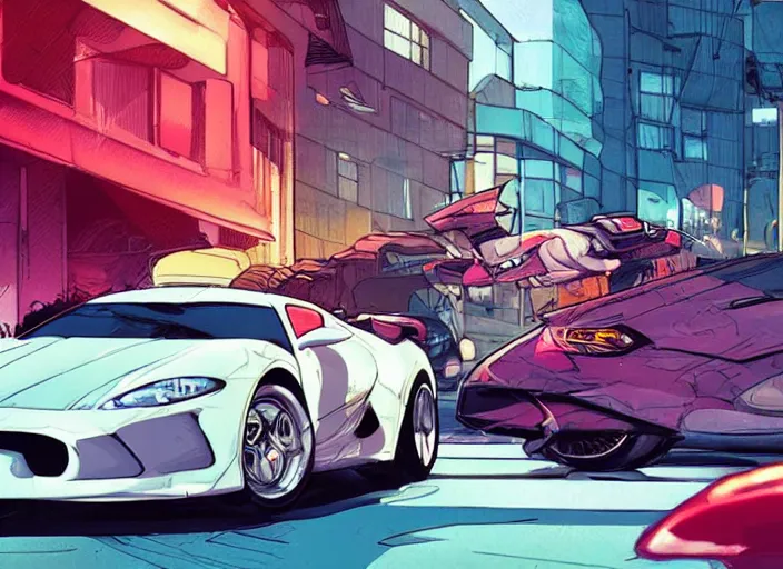 Image similar to a sport car in a city, sharp focus. cinematic pose, cinematic lighting, art by josan gonzales and moebius and deathburger.