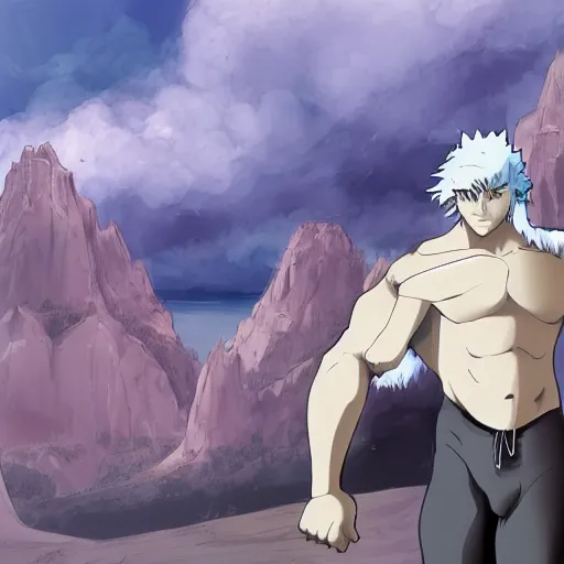 Image similar to scenic pictures with bara human wolf, fursona, anime