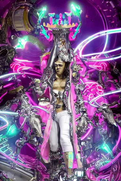 Prompt: full-body rococo and cyberpunk style neon statue of a muscular attractive Joe Jonas macho dotado e rico android sim roupa reclining con las piernas abertas e la piroca dura, glowing white laser eyes, prince crown of pink gears, diamonds, swirling silver-colored silk fabric. futuristic elements. full-length view. space robots. human skulls. intricate artwork by caravaggio. Trending on artstation, octane render, cinematic lighting from the right, hyper realism, octane render, 8k, depth of field, 3D