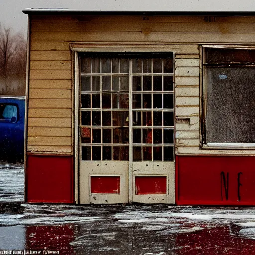 Prompt: an abandoned store's exterior in the middle of nowhere, by saul leiter, ultra detailed, rainy, beautiful