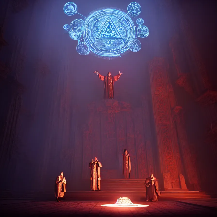 Image similar to an occult priest performs demonic ritual with magic and a glowing sigil in a fantastic temple, volumetric lighting, magical lighting, raytracing, dynamic lights and shadows, photorealistic render, digital art, wallpaper, octane, redshift, hyperdetailed, intricate details