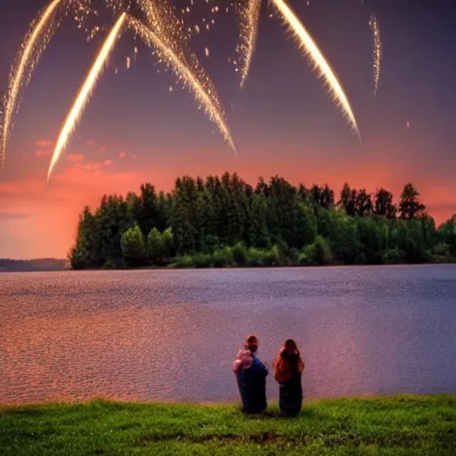 Image similar to lovebird watching fireworks show at a lake, reflective, sunset, landscape photography, nature, stones