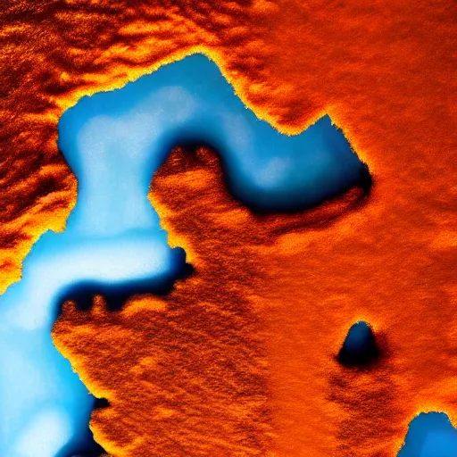 Image similar to top down view of map of iceland made out of ice, highly detailed, surrounded by ocean made out of hot orange lava, realistic