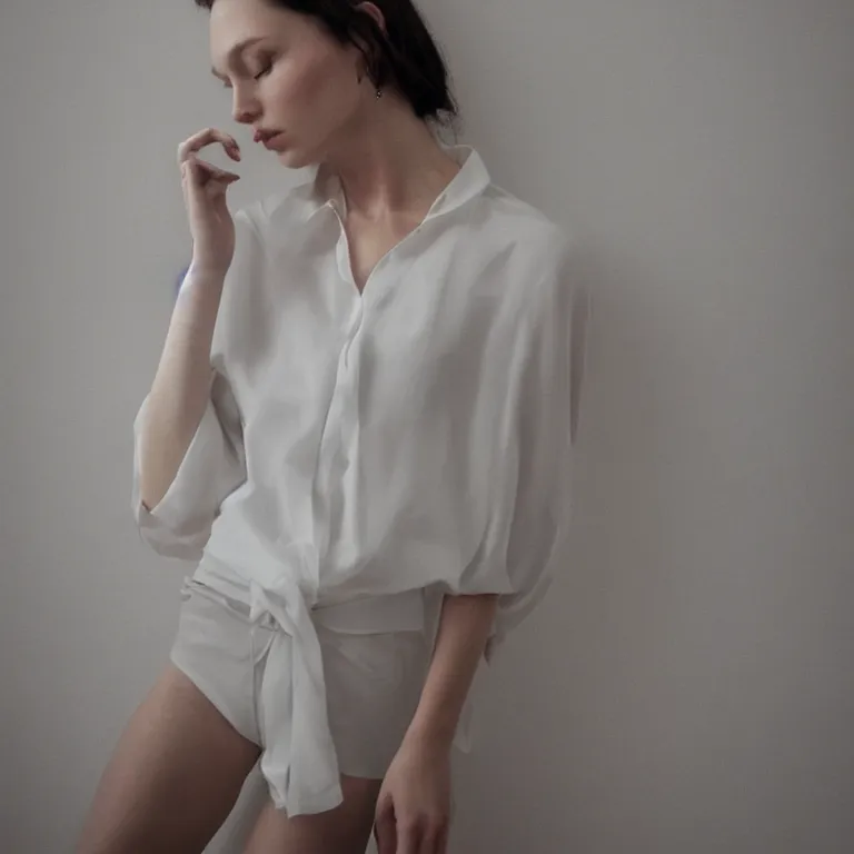 Image similar to cute sasha blouse in a white room, beautiful face, pale skin, rule of thirds, cinematic lighting, rainy weather, melancholy atmosphere, sharp focus, backlit, stunning, model agency, smooth, hard focus, full body shot, instagram photo, shot on iphone 1 3 pro max, hyper realistic,