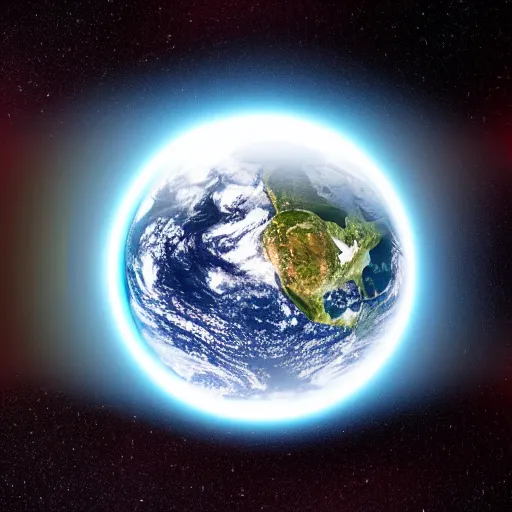 Image similar to landscape image : earth seen from space looking into a mirror reflecting a sphere resembling a black hole.