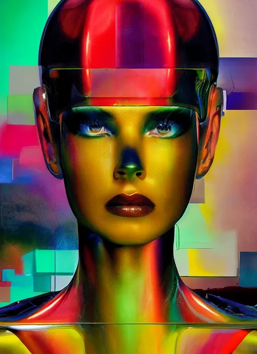 Image similar to futuristic lasers tracing, colorsmoke, leather fullbodysuit, pyramid hoodvisor, raindrops, wet, oiled, beautiful cyborg girl, by steven meisel, kaws, rolf armstrong, mondrian, kandinsky, perfect geometry abstract acrylic, octane hyperrealism photorealistic airbrush collage painting, dark monochrome, fluorescent colors, minimalist rule of thirds, eighties eros