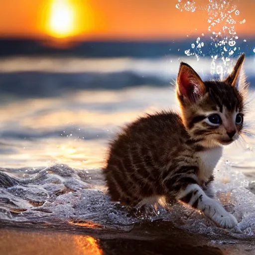 Image similar to a closeup photorealistic photograph of a cute kitten kangaroo hybrid splashing in the surf during sunset. professional capture, well lit shot. this 4 k hd image is trending on artstation, featured on behance, well - rendered, extra crisp, features intricate detail, epic composition and the style of unreal engine.