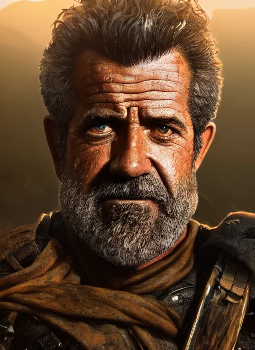 Prompt: A fantasy comic book style portrait painting of Mel Gibson as a grim survivalist warrior in a dark post apocalyptic landscape, unreal 5, DAZ, hyperrealistic, octane render, RPG portrait, ambient light, dynamic lighting