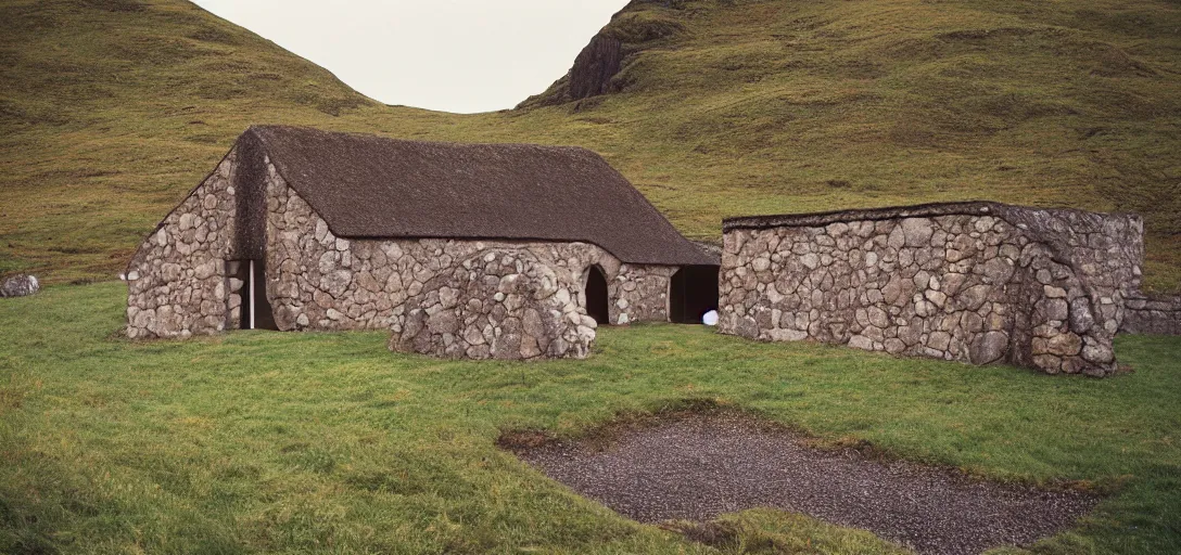 Prompt: scottish blackhouse designed by oscar niemeyer. fujinon premista 1 9 - 4 5 mm t 2. 9. portra 8 0 0.