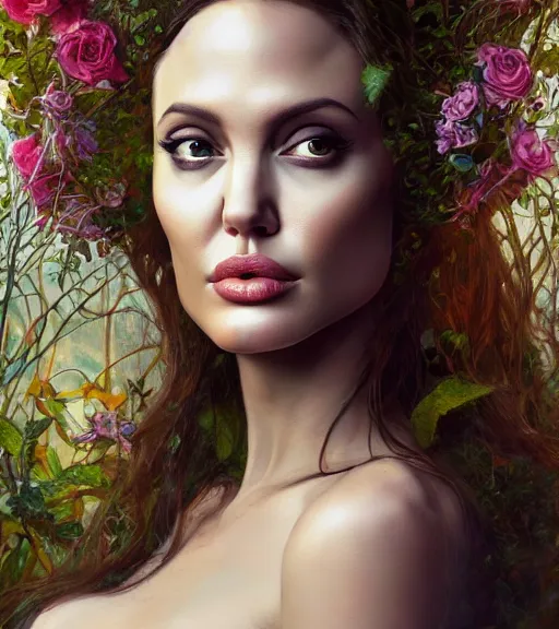 Prompt: portrait of the young angelina jolie of the underworld, surrounded by flowers by karol bak, james jean, tom bagshaw, rococo, trending on artstation, cinematic lighting, hyper realism, octane render, 8 k, hyper detailed.