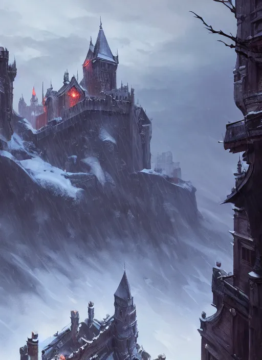 Image similar to a painting of a castlevania, dishonored 2 style castle in the middle of a snowy mountain, a detailed matte painting by andreas rocha and greg rutkowski, featured on artstation, fantasy art, matte drawing, matte painting, artstation hq