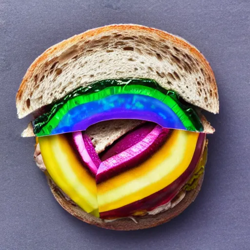 Image similar to an extremely high quality photo of a surreal rainbow-opal-topaz-sandwich, the polymer clay ((sandwich)) creation, a hybrid mixture of sandwichopalrainbow and opalrainbowtopaz, promotional photo, 4k polymer clay food photography