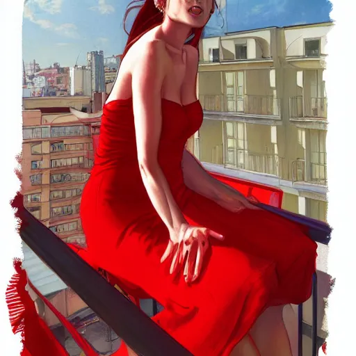 Prompt: a beautiful artwork of a woman in red dress sitting on the balcony of a hotel top view, by Jerome Opeña, featured on artstation