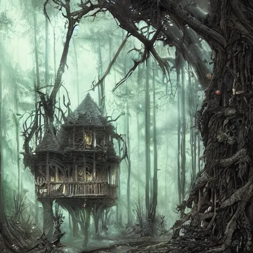 Image similar to dilapidated broken down treehouse, tucked within the witchwood forest, evil fairies, overgrown, detailed intricate ink illustration, dark atmosphere, detailed illustration, hd, 4k, digital art, overdetailed art, concept art, by greg rutkowski, by loish, complementing colors, Trending on artstation, deviantart