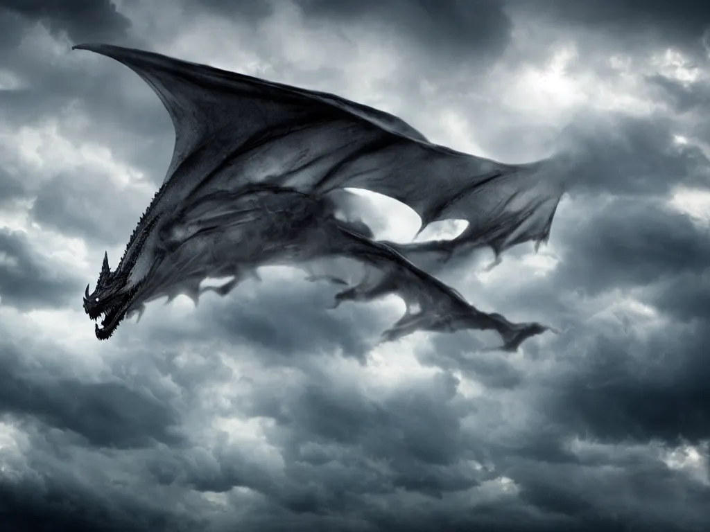 Prompt: epic cinematic close up shot of dragon flying through stormy clouds