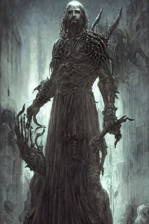 Image similar to portrait of jesus christ by hr giger, greg rutkowski, luis royo and wayne barlowe as a diablo, resident evil, dark souls, bloodborne monster