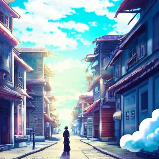 Image similar to a beautiful lonely street in a city from an Anime movie, the sky is blue with anime style clouds, romantic atmosphere, 4k,