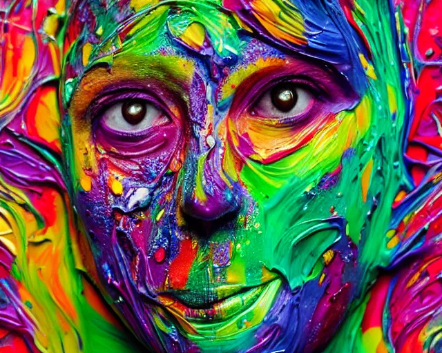 Prompt: still shot close up footage of the portrait of a human head made of acrylic pour and splashing paint and paint explosion and dripping paint and flying paint chunk, motion blur, hyperrealistic, medical, intricate art photography, anatomically correct, realistic crisp textures, 1 6 k