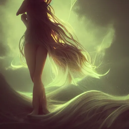 Image similar to a thin, pretty young Filipino woman with long hair floats in a dream world, beautiful dramatic lighting, abstract, trending on artstation