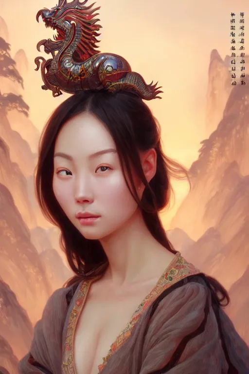 Image similar to clear portrait of a chinese attractive women, cottagecore!!, background hyper detailed, character concept, full body, dynamic pose, glowing lights!! intricate, elegant, highly detailed, digital painting, artstation, concept art, smooth, sharp focus, illustration, art by artgerm and greg rutkowski and alphonse mucha