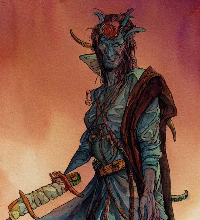 Prompt: a watercolor ink painting of a post - apocalyptic tiefling sorcerer in the style of jean giraud in the style of moebius trending on artstation deviantart pinterest detailed realistic hd 8 k high resolution