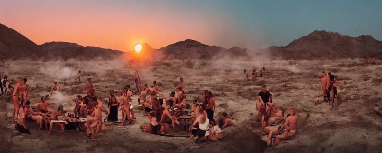 Image similar to people at a natural hot springs of with spaghetti, desert, sunset, kodachrome, in the style of wes anderson