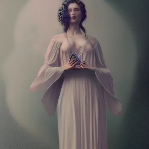 Image similar to tom bagshaw, vaporwave girl in full long dress, curiosities, accurate features, focus, very intricate ultrafine details, random volumetric lighting, fog, award winning masterpiece, octane render 8 k hd, artstation