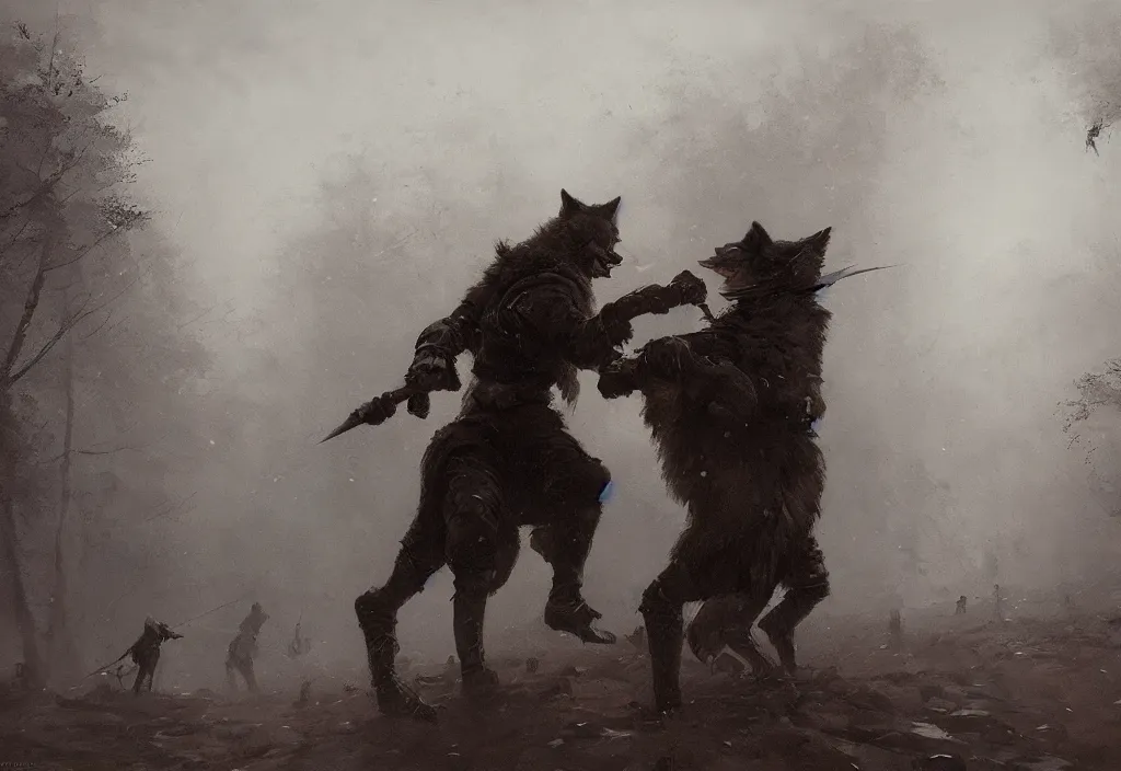 Image similar to a wolf fighting a victorian man, artstation, jakub rozalski, high detail, dramatic lighting, night, fog