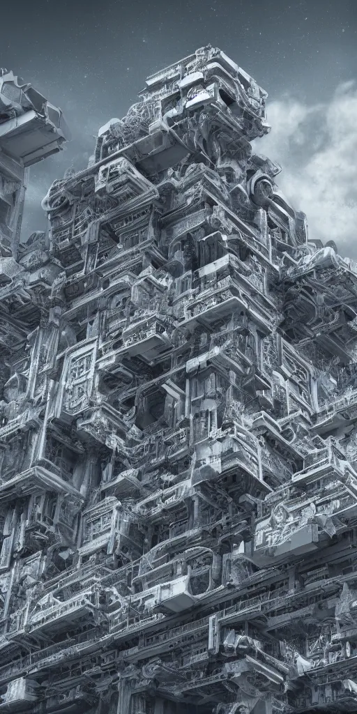 Image similar to impossibly beautiful monolithic shrine to technology that extends to the heavens, intricate complexity, silver nitrate photography, acid wash layering, trending on art station, photoreal, 8k, octane render