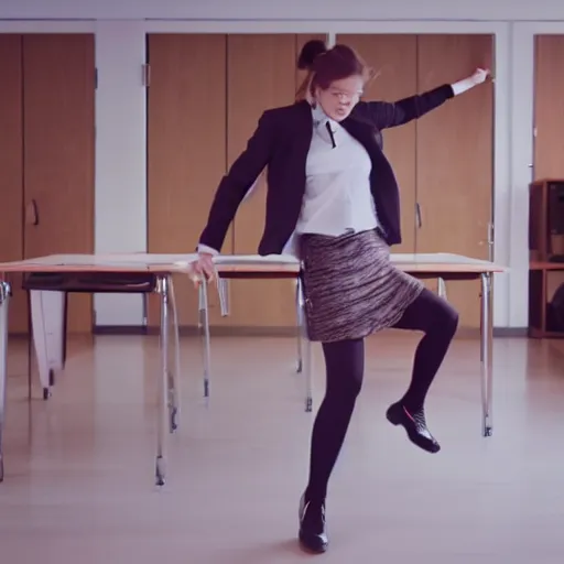 Prompt: film still of stylish girl dancing on school desk, tilted frame, 3 5 °, dutch angle, cinematography from music video