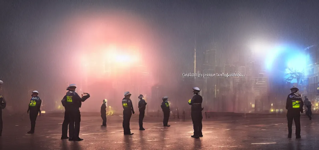 Image similar to policemen protect a huge spiral - shaped luminous object right in the center of the city from protesting crawd, night, rain and light fog, professional lighting, concept art in 3 d, high detail, professional lighting