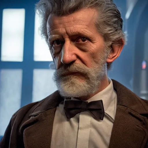 Image similar to tom holland as a rough dirty old man with a scruffy beard in a dark blue trenchcoat as the new doctor who, cinematic, volumetric lighting, f 8 aperture, cinematic eastman 5 3 8 4 film, photorealistic