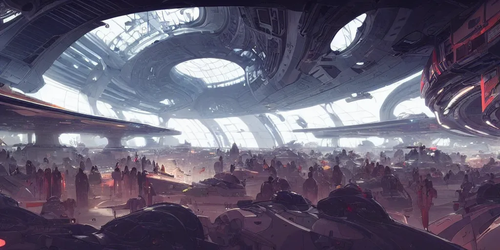 Image similar to the interior of a futuristic spaceport, large crowd of people in the foreground, by kim jung gi and greg rutkowski, rule of thirds