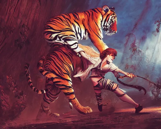 Image similar to a girl fighting a tiger, full shot, ambient lighting, detailed, art by ayami kojima, makoto shinkai, kilian eng