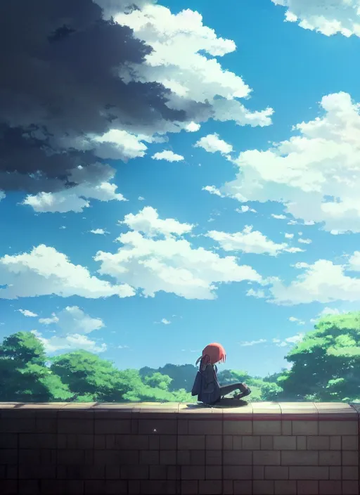 Image similar to daydreaming student, blue sky, daydreams appearing in the clouds, by makoto shinkai