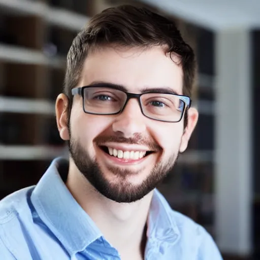 Prompt: smiling software engineer in chair