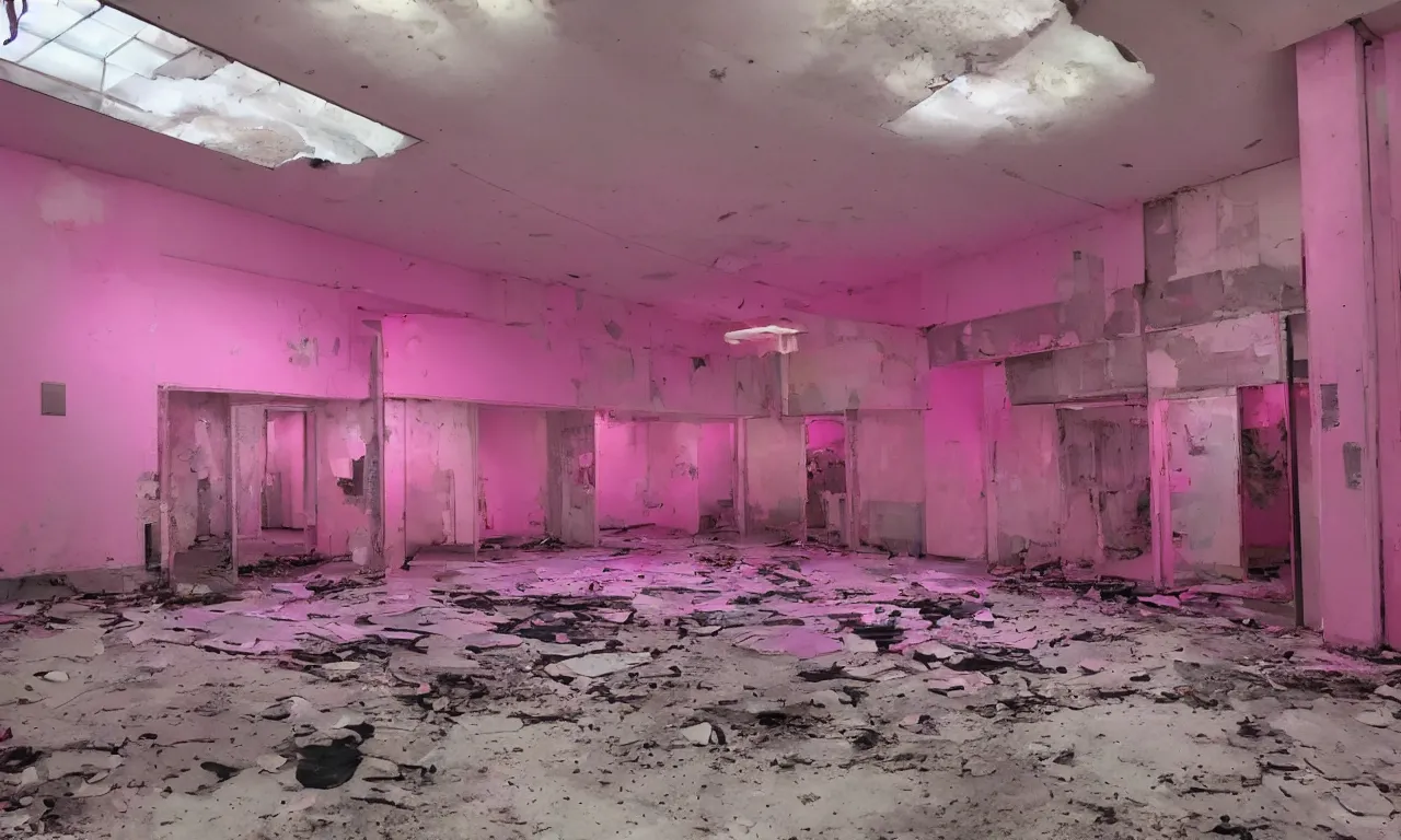 Prompt: backrooms abandoned mall, ominous neon pink and purple vaporwave lighting, moldy walls and stuffed animals sitting in shallow water