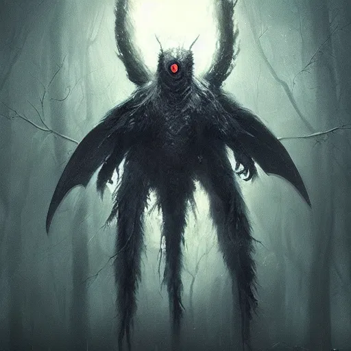 Prompt: a hyper realistic portrait painting of the mothman, glowing eyes, creepy, backlight, horror vibe, real, realistic lighting in the style of greg rutkowski,