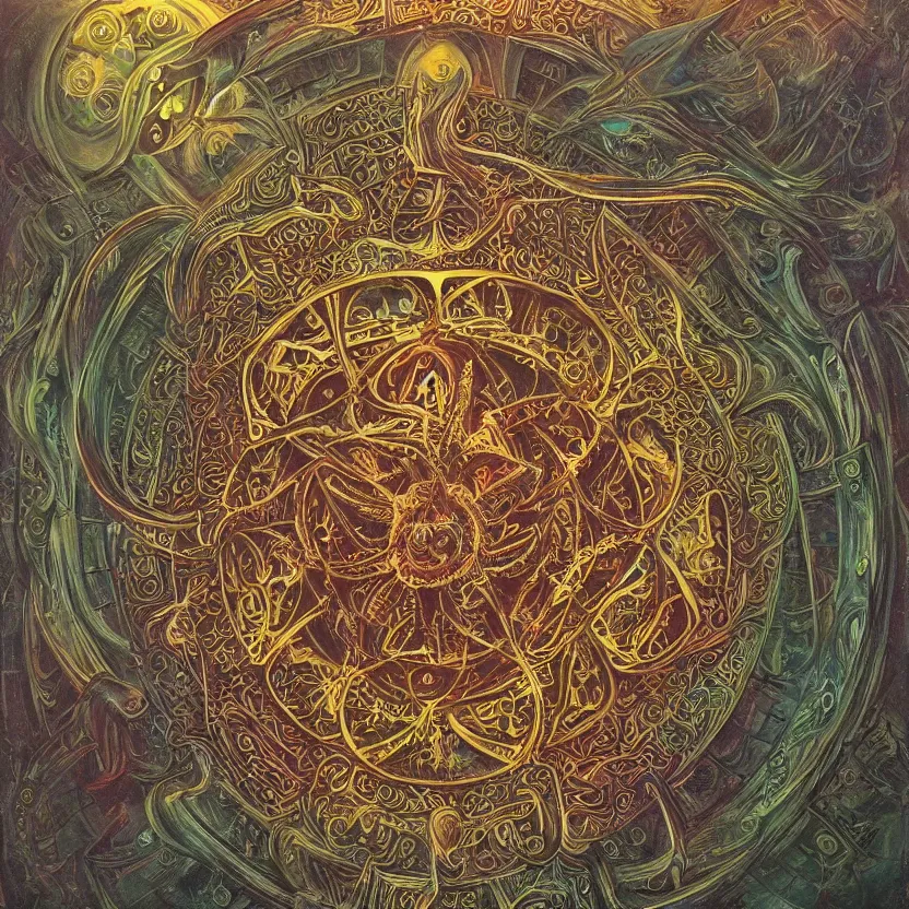 Image similar to biomechanical kali yantra mandala, volumetric shadows and lighting, psychedelic colors, realistic oil painting by h. r. giger,