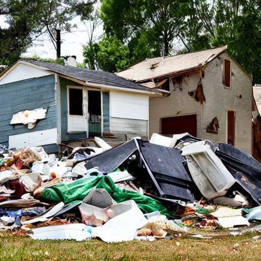 Image similar to a run down house with stacks of trash 1 0 feet high in front of the house. run down house is in a suburban neighborhood in america.