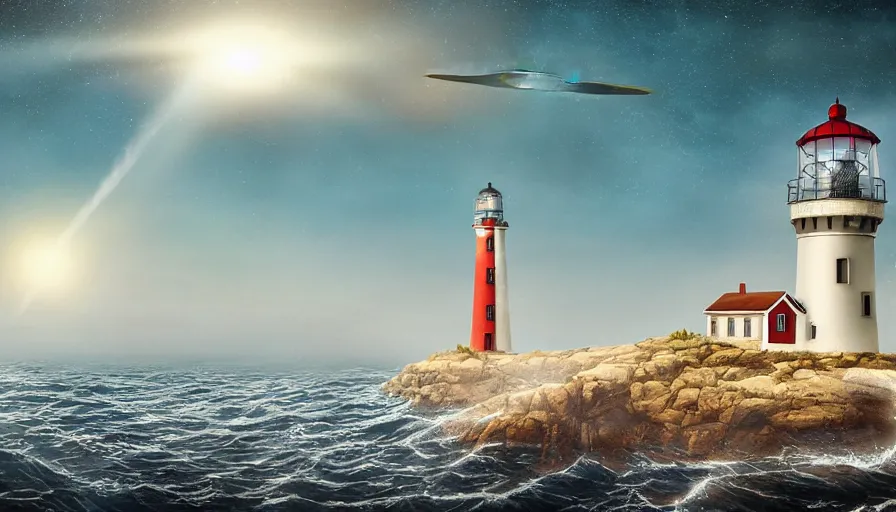 Image similar to a ufo hovers over a lighthouse out at sea, digital art, highly detailed, realistic, bright colors, 8 k