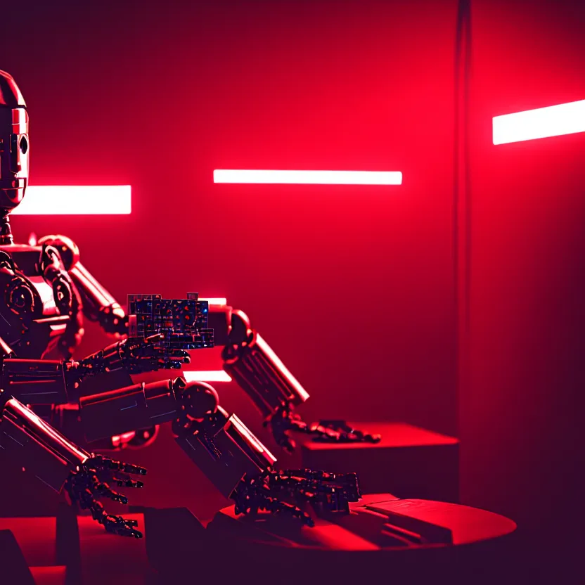 Image similar to a film shot of a robot playing video games, cool, red, photo, realistic, hd, intricate details, cyberpunk, dark, horror, award - winning cinematic lighting, 3 5 mm