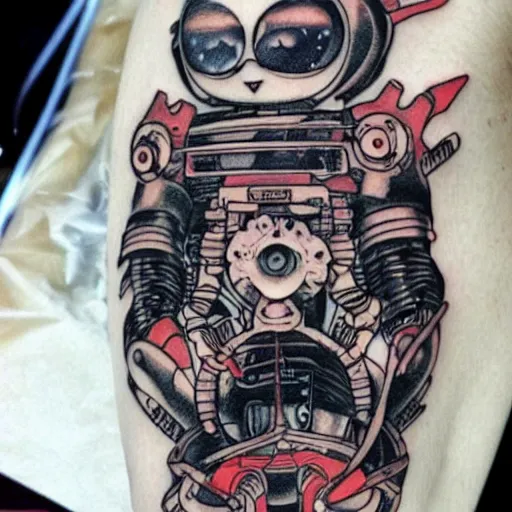 Image similar to Anime manga robot!! cat tattoo, cyborg cat, exposed wires and gears, fully robotic!! cat, manga!! in the style of Junji Ito and Naoko Takeuchi, cute chibi cat, tattoo on upper arm, arm tattoo