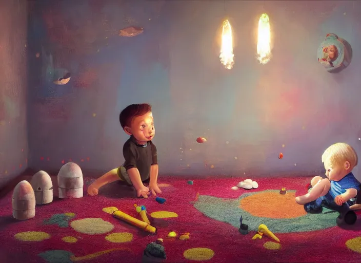 Image similar to toddler elon musk sitting on a shaggy rug playing with his little rockets, bedroom, realistic painting, beautiful soft lighting, istvan sandorfi