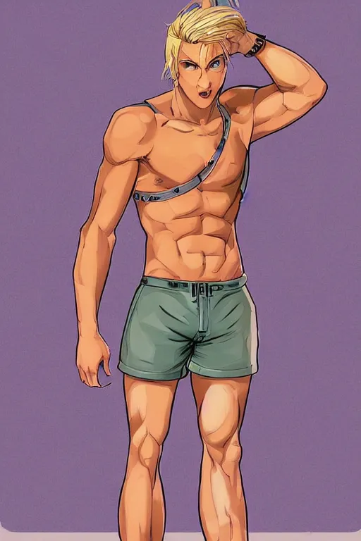 Image similar to a handsome man with blonde hair who is also a male android, ken, muscular, wearing a cut-off white tank top and short light orange shorts, stands by a swimming pool, facing forward, in the style of artgerm and moebius and annie liebovitz, photorealistic, highly detailed