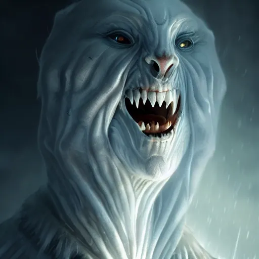 Prompt: a roaring ghost, scary, tall, pale - skinned, illustration, cinematic lighting, 8 k, d & d, frostbite 3 engine, dof, artstation, intricate, digital art, crepuscular ray, art by anne stokes, greg rutkowski, alexandros pyromallis