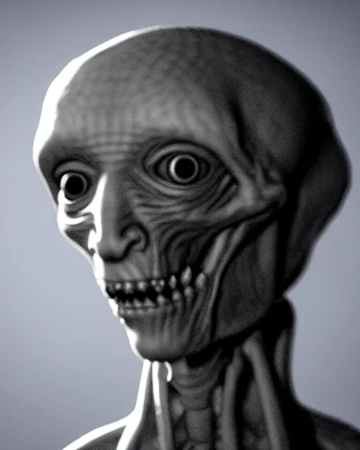 Image similar to photos of a humanoid gray alien with large black eyes and reptilian facial features inside area 51, secret service photos, taken on Fujifilm X-S10,